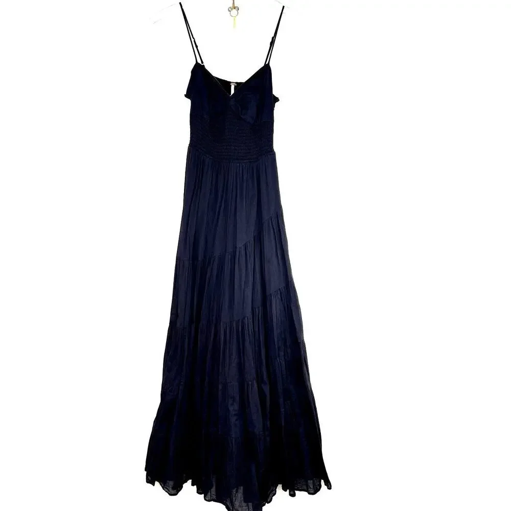 Free People Sundrenched Solid Maxi Dress Tiered Sleeveless Black Smocked  XS